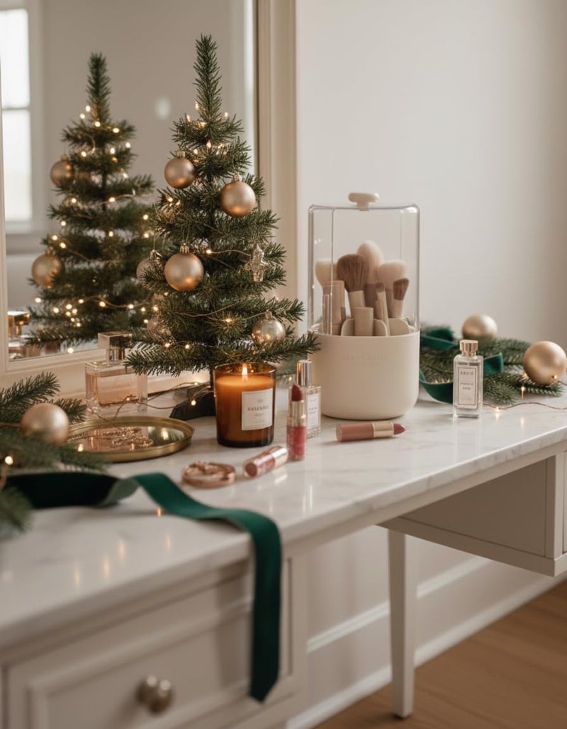 EACHY Makeup Brush Holder 360° Rotating with Dustproof Lid, Waterproof Material, 7 Compartments for Organized Storage, Stylish and Durable Design for Vanity (Beige) - Image 1